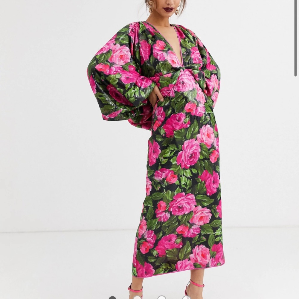 ISO Asos Edition Kimono Sleeve Dress In Floral Sequin M